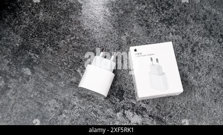 Jurmala, Lettonia 22.06.2024: Scatola bianca dell'adattatore di ricarica originale da 20 W di Apple su un tavolo grigio. Foto Stock
