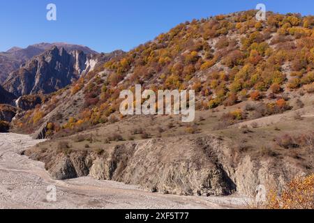 Splendida foresta autunnale tra le montagne vicino al fiume. Lahich. Ismailly. Azerbaigian. Foto Stock