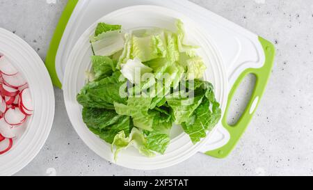 Insalata di primavera ricetta. Mescolando lattuga, spinaci, e ravanello. Primo piano processo di preparazione, ricetta, vista dall'alto Foto Stock