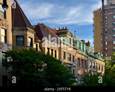 Tetti di case lungo Prospect Park nel quartiere Park Slope di Brooklyn, New York Foto Stock