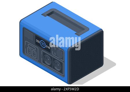 Batteria domestica portatile isolata progettata per il backup domestico. Soluzione di backup domestico. Batteria di alimentazione portatile da utilizzare per campeggio, pesca, caccia o Illustrazione Vettoriale
