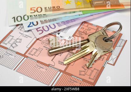 Wohneigentum und miete Wohnungsschlüssel und Euro Geldscheine liegen auf einem Grundriss *** Proprietà e affitto di appartamenti chiavi e banconote in euro Foto Stock