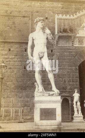 Antica fotografia di 1867 carte de visite, David al Palazzo della Signoria di Firenze, Italia. Il David è un capolavoro di scultura rinascimentale italiana, creato dal 1501 al 1504 da Michelangelo. FONTE: CDV ORIGINALE Foto Stock