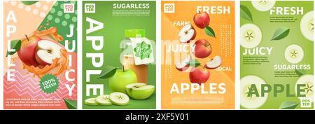 Poster Apple. Modello di frutta. Design di banner pubblicitari per il settore alimentare. Moderno festival del raccolto fresco. Prodotto naturale maturo. Spruzzi di bevande vitaminiche. Grafica minimalista e alla moda. Set di modelli di etichette per bevande. Sfondi vettoriali Illustrazione Vettoriale