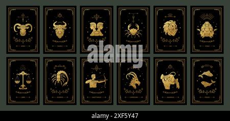 Carte zodiacali. Calendario astrologico. Segni d'oro di Ariete, Sagittario e bilancia. Cornici magiche con Toro e Leone. Icona Gemini. Previsione della fortuna. Costellazioni stellate. Set di simboli dell'oroscopo vettoriale Illustrazione Vettoriale