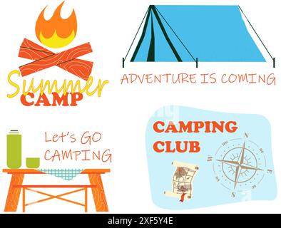 Picnic cartoni animati e icone del campeggio. Lettere motivazionali. Tenda escursionistica. Campo estivo. Falò da campeggio. Mappa di navigazione del viaggio. Parcheggiare il tavolo. Vacanze nella natura. Set di adesivi turistici vettoriali Illustrazione Vettoriale