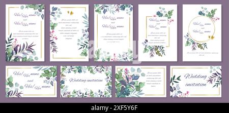 Inviti di nozze. Fiori verdi, cornice in foglia acquerello, bordi in acquerello per matrimoni floreali, verde eucalipto. Cartoline e poster in stile rustico con spazio di copia tipografico. Illustrazione vettoriale Illustrazione Vettoriale
