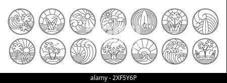 Logo surf. Onde estive sulla spiaggia. Emblemi della T-shirt Hawaii retrò. Palme tropicali. Icone della tavola da surf. Adesivi con linea circolare. Primavera in stile californiano. Tramonto sull'oceano. Sport acquatici di mare. Set di badge grafici vettoriali Illustrazione Vettoriale