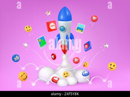 razzo 3d. Icona dei social media di tecnologia aziendale, marketing e comunicazione banner Internet . Rendering isolato di elementi lucidi. Lancio della navicella spaziale. Avanzamento della promozione. Illustrazione di un cartone animato vettoriale Illustrazione Vettoriale