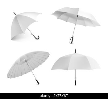 Ombrello bianco. Ombrellone realistico con diverse angolazioni, elementi isolati per il marketing branding. Accessorio di protezione dalla pioggia. Raccolta di mockup. Set di illustrazioni Vector 3d impermeabili con tettuccio aperto Illustrazione Vettoriale