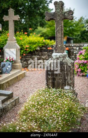 Primo piano di antiche lapidi ricoperte di muschio e fiori a Guehenno, Bretagna, Francia. Cimitero tranquillo e tranquillo. Foto Stock