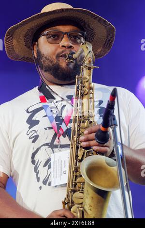 Butcher Brown si esibisce sul palco al Montreal International Jazz Festival, Montreal, Canada Foto Stock