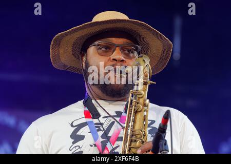 Butcher Brown si esibisce sul palco al Montreal International Jazz Festival, Montreal, Canada Foto Stock