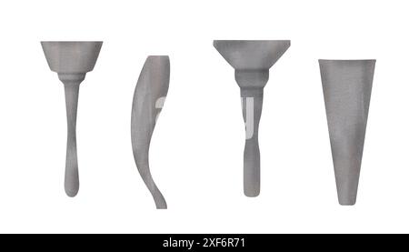 Torcia d'argento senza fuoco. Set di varie torce metalliche o calici. Antichi strumenti di pietra. Reperti archeologici primitivi preistorici. W Foto Stock