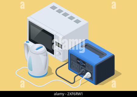 Batteria isolata portatile per uso domestico, progettata per l'alimentazione di riserva, forno a microonde e bollitore. Soluzione di backup domestico. Batteria di alimentazione portatile da utilizzare per Illustrazione Vettoriale