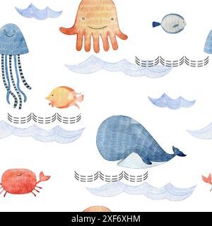 Acquerello senza cuciture con creature marine. Illustrazione nautica. Foto Stock