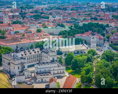 Palazzo dei Granduchi di Lituania e piazza della cattedrale. Vista aerea del centro storico di Vilnius con drone Foto Stock