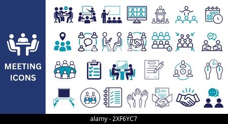 Raccolta icone riunione. Impostare le icone delle riunioni. Riunioni aziendali, presentazioni, colloqui e altre icone. Illustrazione vettoriale. Illustrazione Vettoriale