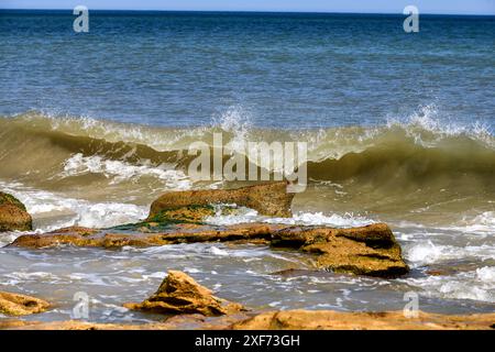 Onde che si infrangono sulla roccia coquina dell'Oceano Atlantico Foto Stock