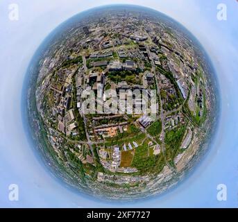 Vista aerea, Università di Duisburg-Essen, quartiere universitario Grüne Mitte PIER 78 quartiere residenziale, Funke Medien Gruppe Medienhaus, Earth Globe, fi Foto Stock