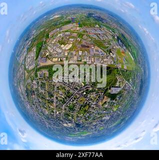 Vista aerea, centro commerciale Westfield Centro a forma di stella, vista generale di Neue Mitte con gasometer sul canale Reno-Herne e sul fiume Emscher, Borbe Foto Stock