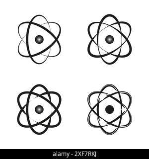 Set di icone Atom. Design vettoriale nero. Collezione di illustrazioni scientifiche. Semplici simboli di nucleo. Illustrazione Vettoriale