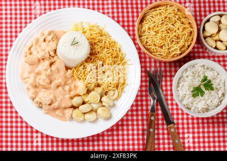 Pollo alla stroganoff fatto in casa in un piatto di ceramica su una tovaglia a scacchi rossa. Vista dall'alto Foto Stock