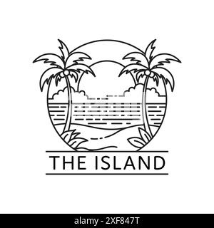 Logo d'arte sulle linee dell'isola tropicale con due palme su sfondo bianco isolato Illustrazione Vettoriale