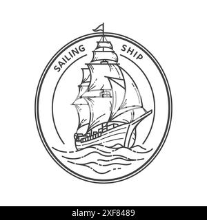 Logo della nave a vela con contorno bianco e nero isolato su sfondo bianco Illustrazione Vettoriale