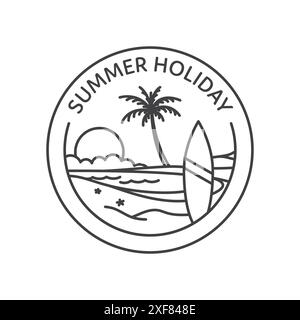 Logo con timbro in stile line art. concetto di vacanza estiva con tavole da surf e palme Illustrazione Vettoriale