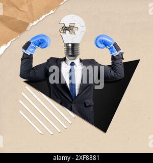 La testa di un uomo d'affari con un puzzle di una lampadina che indossa un guanto da boxe blu su uno sfondo colorato. Arte collage Foto Stock