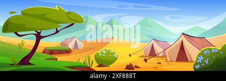 Tende da campeggio sulla superficie sabbiosa del deserto della savana africana. Turismo estivo con cartoon Vector nel paesaggio africano con la siccità calda con campeggio, alberi di acacia e cespugli verdi con fiori e montagne. Illustrazione Vettoriale