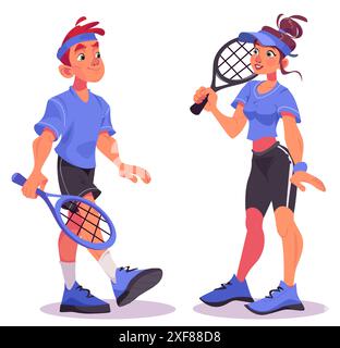 Set di personaggi per tennisti - giovane uomo sorridente e donna in abbigliamento sportivo con racchetta. Illustrazione vettoriale cartoni animati di atlete maschili e femminili durante l'allenamento o la competizione. Partita sportiva. Illustrazione Vettoriale