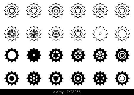 Set di icone ingranaggi. Icona di impostazione degli ingranaggi. Raccolta di ruote dentate meccaniche. Sfondo bianco. Illustrazione vettoriale con icone dei pignoni nere design el Illustrazione Vettoriale