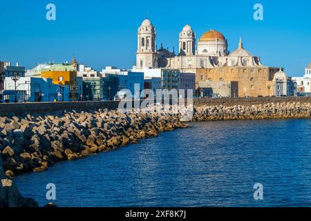 Lungomare e cattedrale, Cadice, Andalusia, Spagna Foto Stock