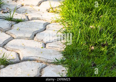 Parcheggio con ciottoli e erba verde. Pavimentazione decorativa con blocchi di cemento, vista ravvicinata, texture astratta per foto di sfondo Foto Stock