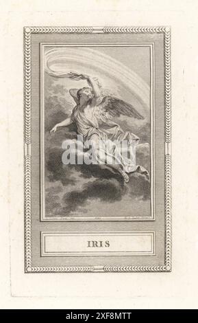 Iris, dea greca degli arcobaleni, messaggera di era. Donna alata che dipinge un arcobaleno nel cielo. Incisione in rame di Antoine Jean Duclos su disegno di Jean-Jacques-Francois le Barbier da le Pantheon di Sylvain Marechal, ou les figures de la Fable, Chez Simon, 16 rue Pagevin, Parigi, 1787. Foto Stock