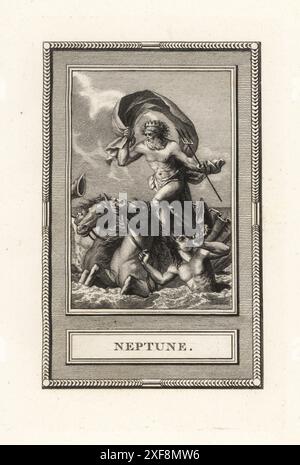 Nettuno, dio romano dell'acqua dolce e del mare. il dio del mare porta un tridente e un velo, cavalca un carro di capesante trainato da cavallucci marini o ippocampi. Un tritone soffia un guscio di conchiglia. Poseidone nel mito greco. Incisione su lastra di rame di Simon su disegno di Etienne-Pierre-Adrien Gois, scultore del re, da le Pantheon di Sylvain Marechal, ou les figures de la Fable, Chez Simon, 16 rue Pagevin, Parigi, 1787. Foto Stock