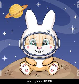 Un simpatico astronauta di coniglio cartoni animati è seduto sul pianeta. Illustrazione vettoriale di un animale su sfondo blu scuro. Illustrazione Vettoriale