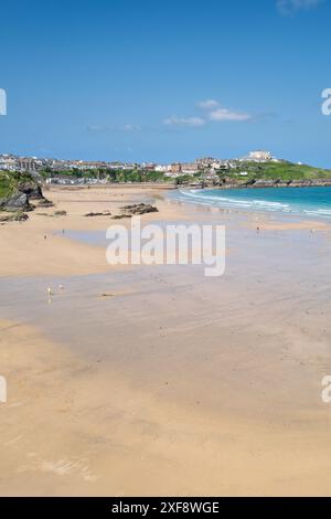 L'iconica vista delle splendide spiagge GT Great Western e Towan sulla costa di Newquay in Cornovaglia nel Regno Unito. Foto Stock