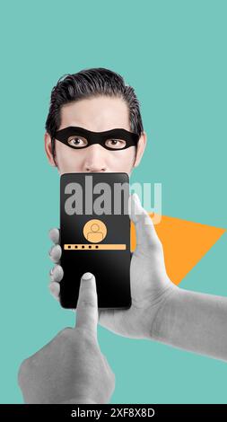 Un uomo affronta una maschera con una mano umana che tiene un telefono cellulare con la sicurezza su uno sfondo colorato. Arte collage Foto Stock