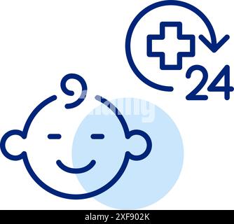 servizi sanitari per bambini 24 ore su 24. Supporto medico pediatrico 24 ore su 24. Pixel Perfect, icona traccia modificabile Illustrazione Vettoriale