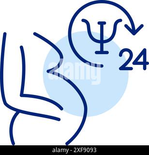 Donna incinta, psicoterapia e simboli di 24 ore. Assistenza e supporto per la maternità e la gin ob 24 ore su 24. Pixel perfetti Illustrazione Vettoriale