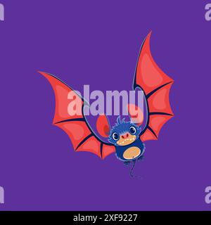 Personaggio dei pipistrelli animati di Halloween con faccia divertente e ali dilatate. Animale vampiro volante isolato con grandi occhi e bocca toothy, pronto a portare un divertimento nei festeggiamenti Illustrazione Vettoriale