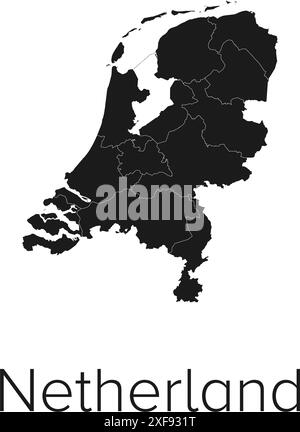 Netherlands Map Vector Illustration - Silhouette, Outline, Netherlands Travel and Tourism Map Stock Vector