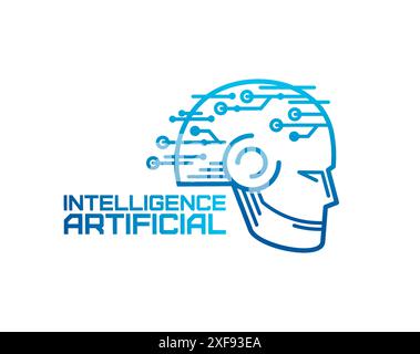 Icona dell'intelligenza artificiale DELL'INTELLIGENZA artificiale, apprendimento automatico. Il contorno blu vettoriale isolato delinea la testa umana o robotica con collegamenti ai circuiti, simboleggiando la tecnologia e i concetti di innovazione digitale per i progetti tecnologici Illustrazione Vettoriale