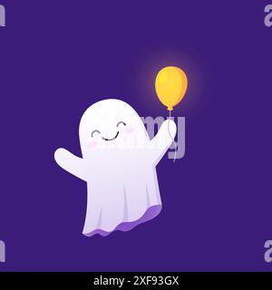 Il personaggio fantasma del kawaii di Halloween regge il palloncino giallo. Cartoni animati vettoriali spaventano personaggi che celebrano la festa con un sorriso adorabile, irradiando fascino e innocenza con la sua presenza giocosa e accattivante Illustrazione Vettoriale