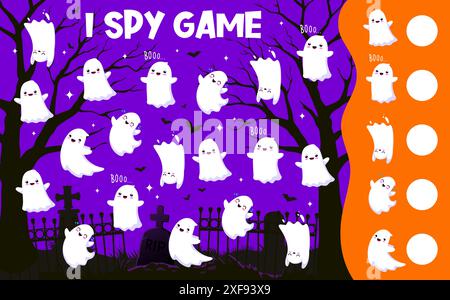 Simpatici fantasmi kawaii di Halloween sul foglio di lavoro del gioco i Spy, quiz puzzle vettoriale per bambini. Simpatici mostri fantasma e piccolo boo che volano sul cimitero con lapidi e tombe per spiare o trovare e giocare Illustrazione Vettoriale