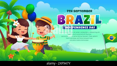Brasile Independence Day Banner, un paio di bambini che ballano samba con bandiera e paesaggio tropicale traduzione: Ordine e progresso Illustrazione Vettoriale