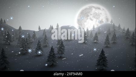 Immagine di fiocchi di neve che cadono sugli alberi sul paesaggio invernale contro la luna nel cielo notturno Foto Stock